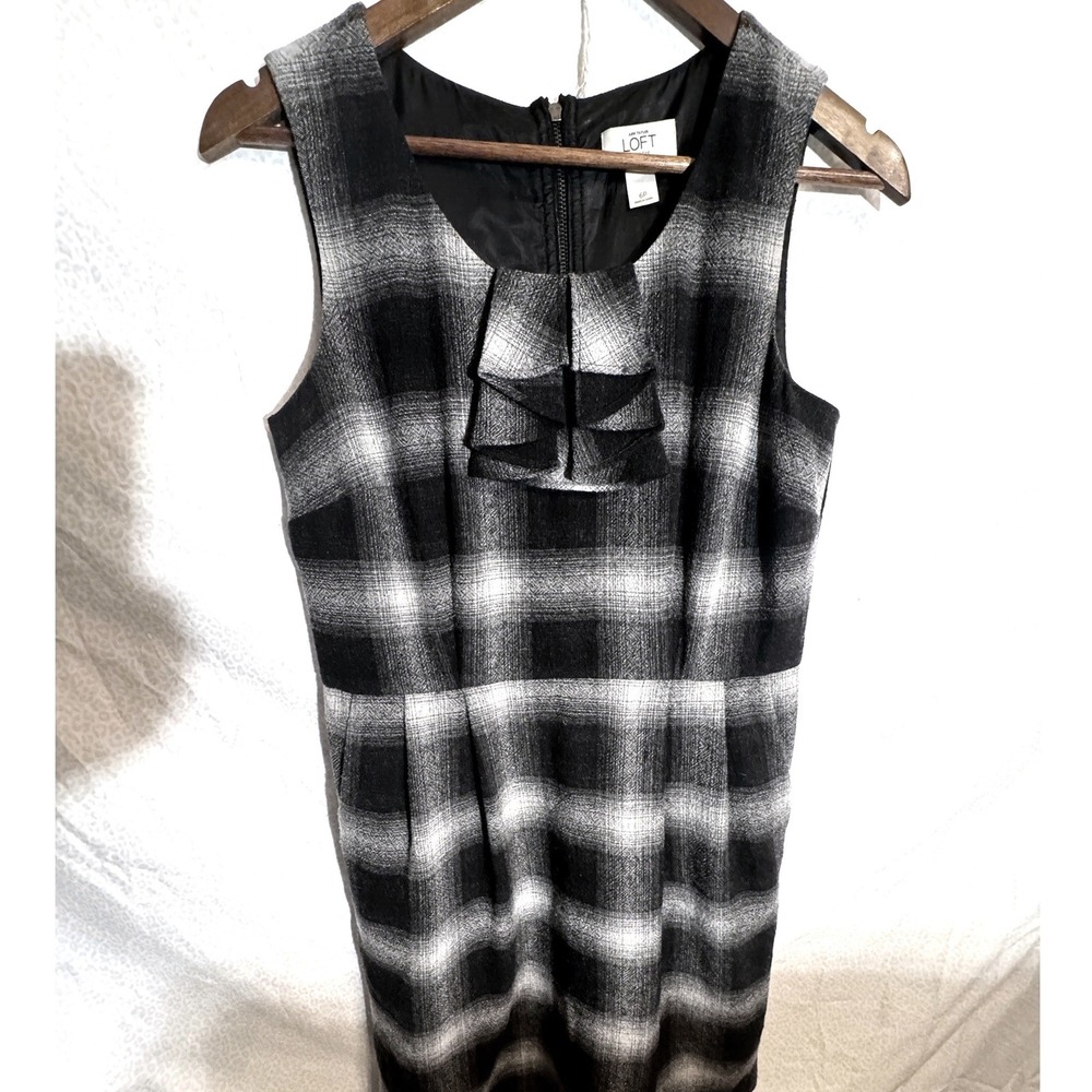 Ann Taylor Loft Petites Black White Plaid Ruffle Neck Sheath Dress 6P Sleeveless